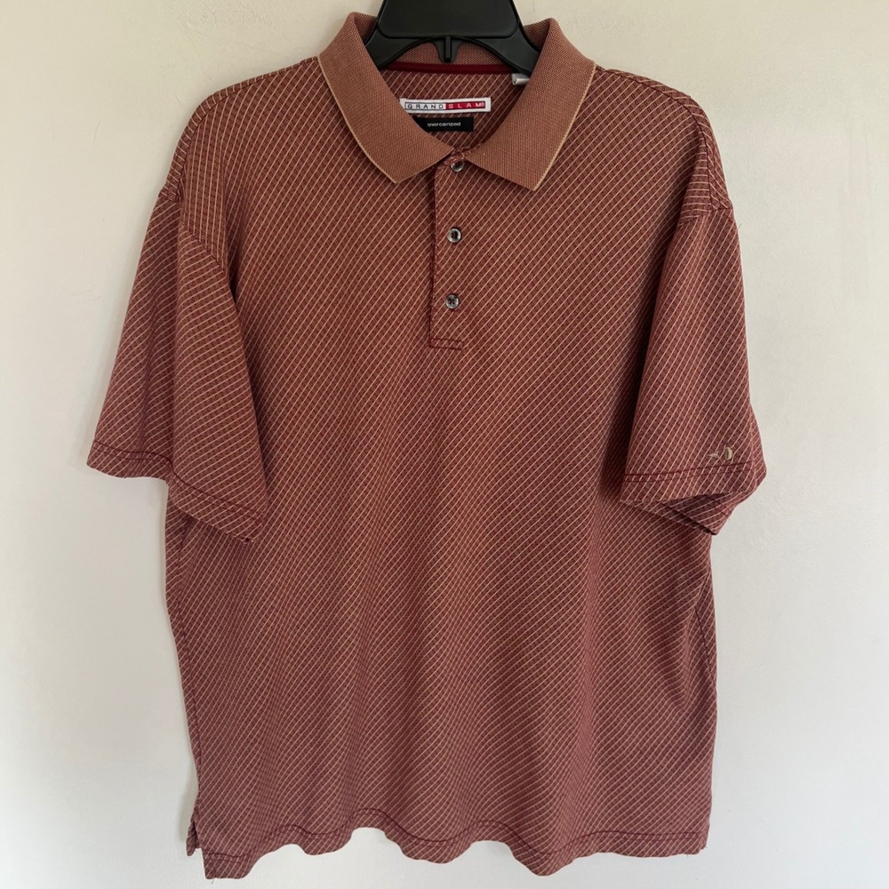 Grand Slam Mens Mercerized Cotton Polo Shirt Large Burgundy Grid Short Sleeve